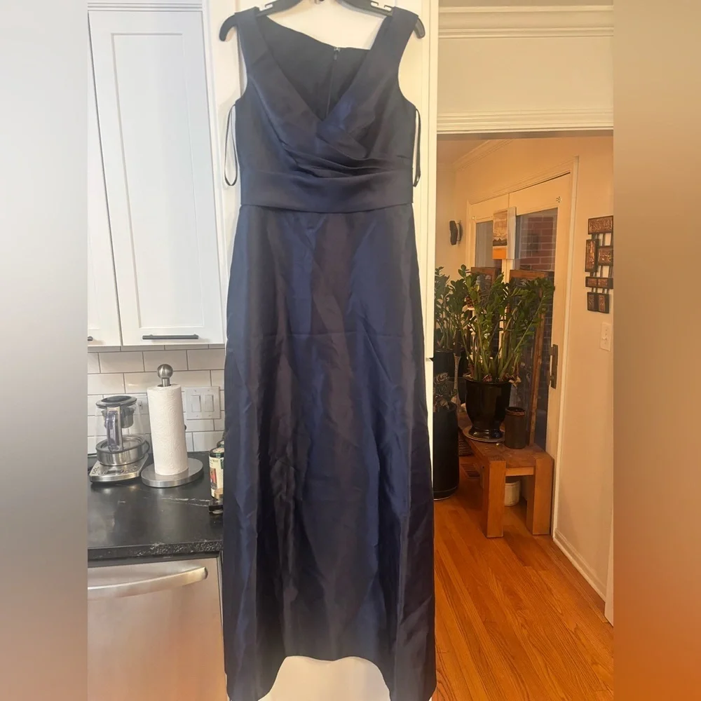 new Alfred Sung OFF-THE-SHOULDER DRAPED WRAP SATIN MAXI DRESS IN MIDNIGHT NAVY - Picture 3 of 7